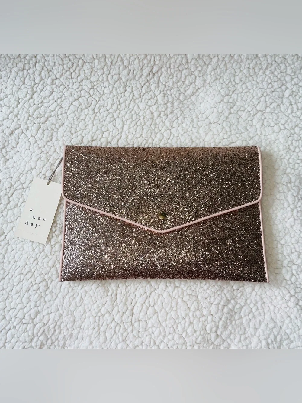 a new day Glitter Envelope Clutch - Rose Gold with Pink Trim